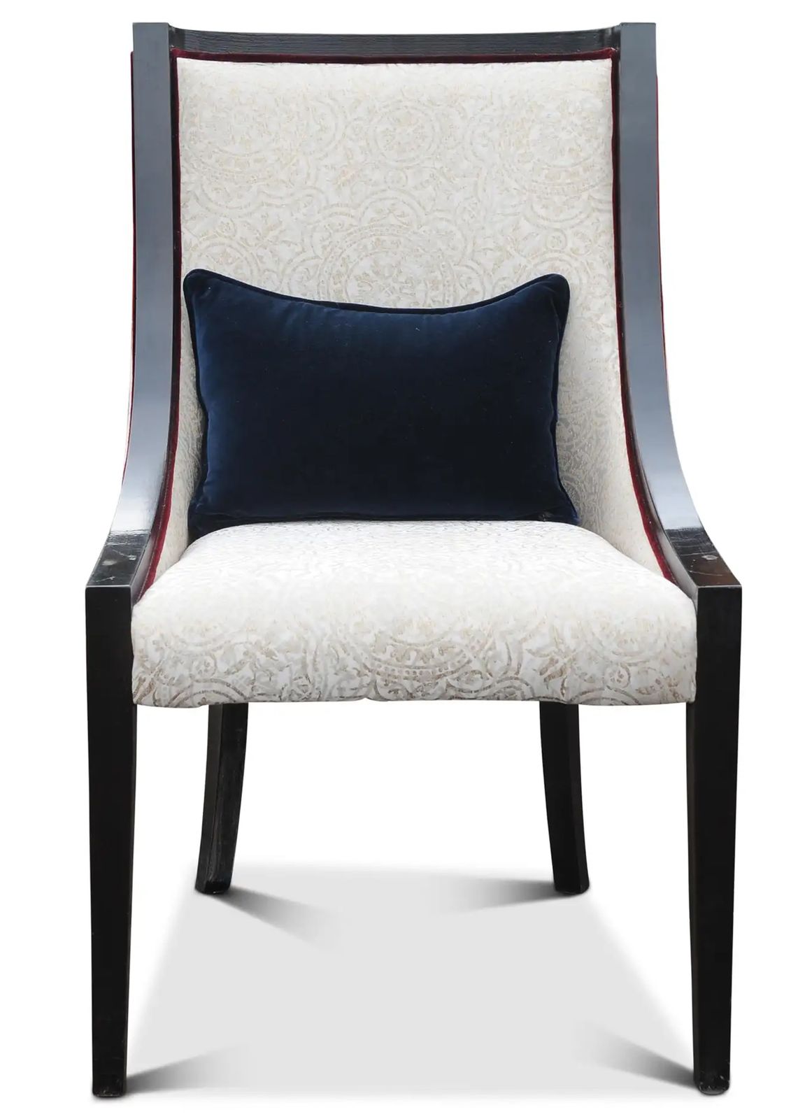 Empire Revival Gondola Dining Chair Finished With An Ebonised Frame, Grey Damask Upholstery & Red Velour Piping Seven Chairs In Stock photo vinterior