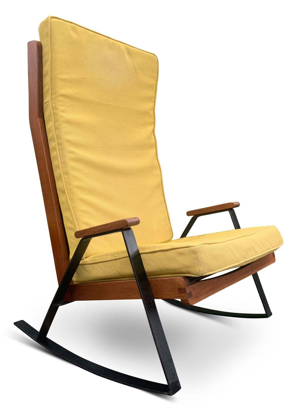 photo vinterior A Rare Pair Of Mid Century Teak & Ebonised Steel Shell Chairs With Upholstered Cushions In The Style Of The Designs Of Gerrit Rietveld & Joseph Andre