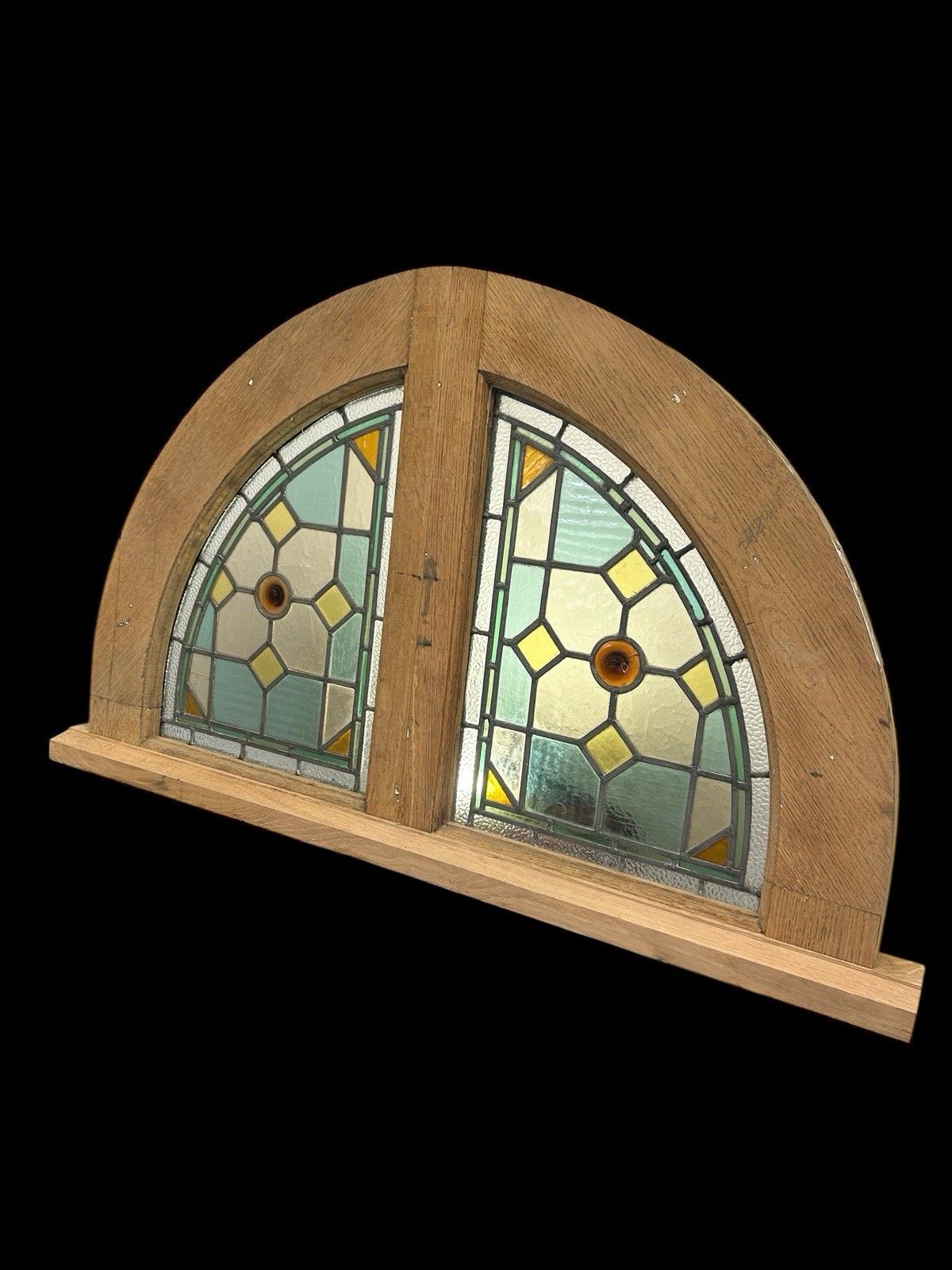 Antique Stained Glass Window Panel Solid Oak Reclaimed Period Old Arched Leaded photo for sale