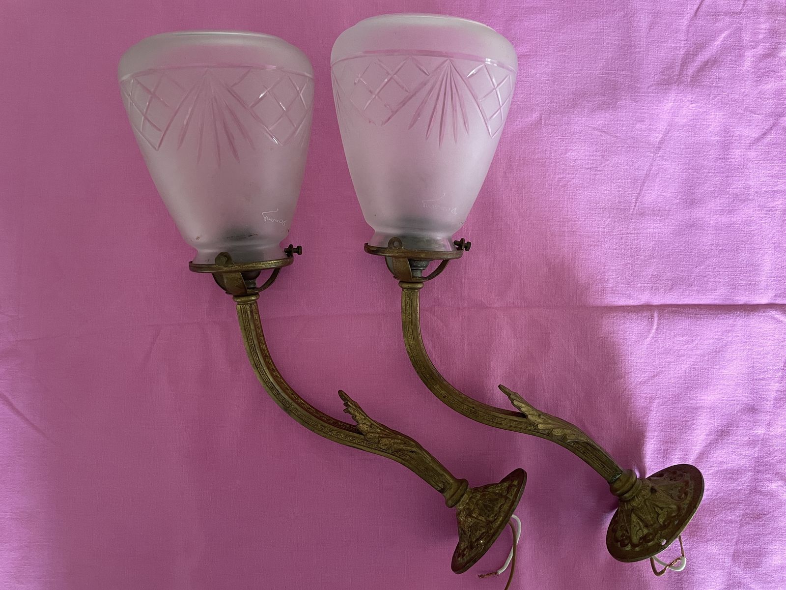 Pair Of Brass Wall Light Fittings With 'Greek Key & Leaf' Decoration