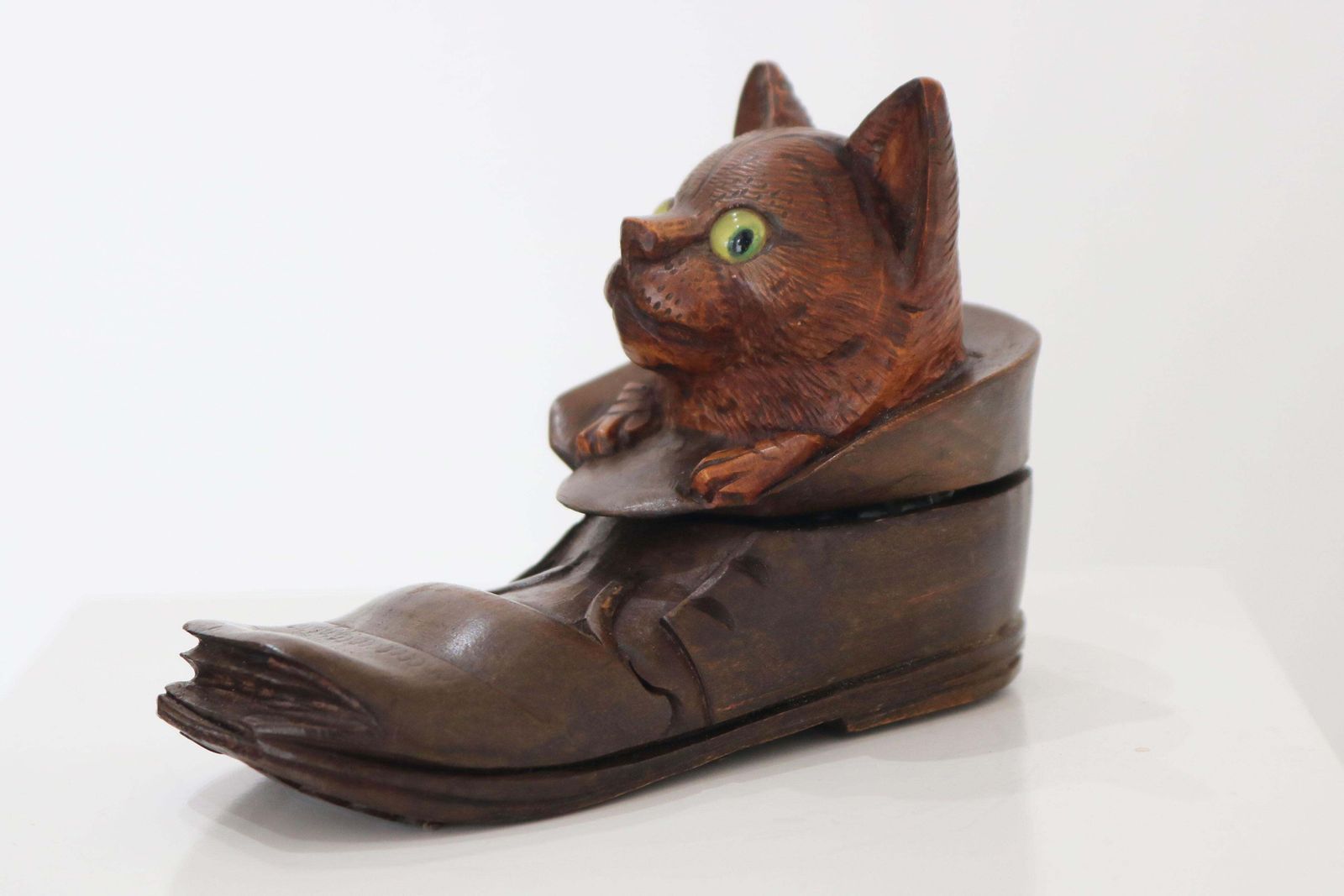 photo for sale Black Forest Inkwell Cat In Boot Swiss Antique 19th Century Hand Carved Glass