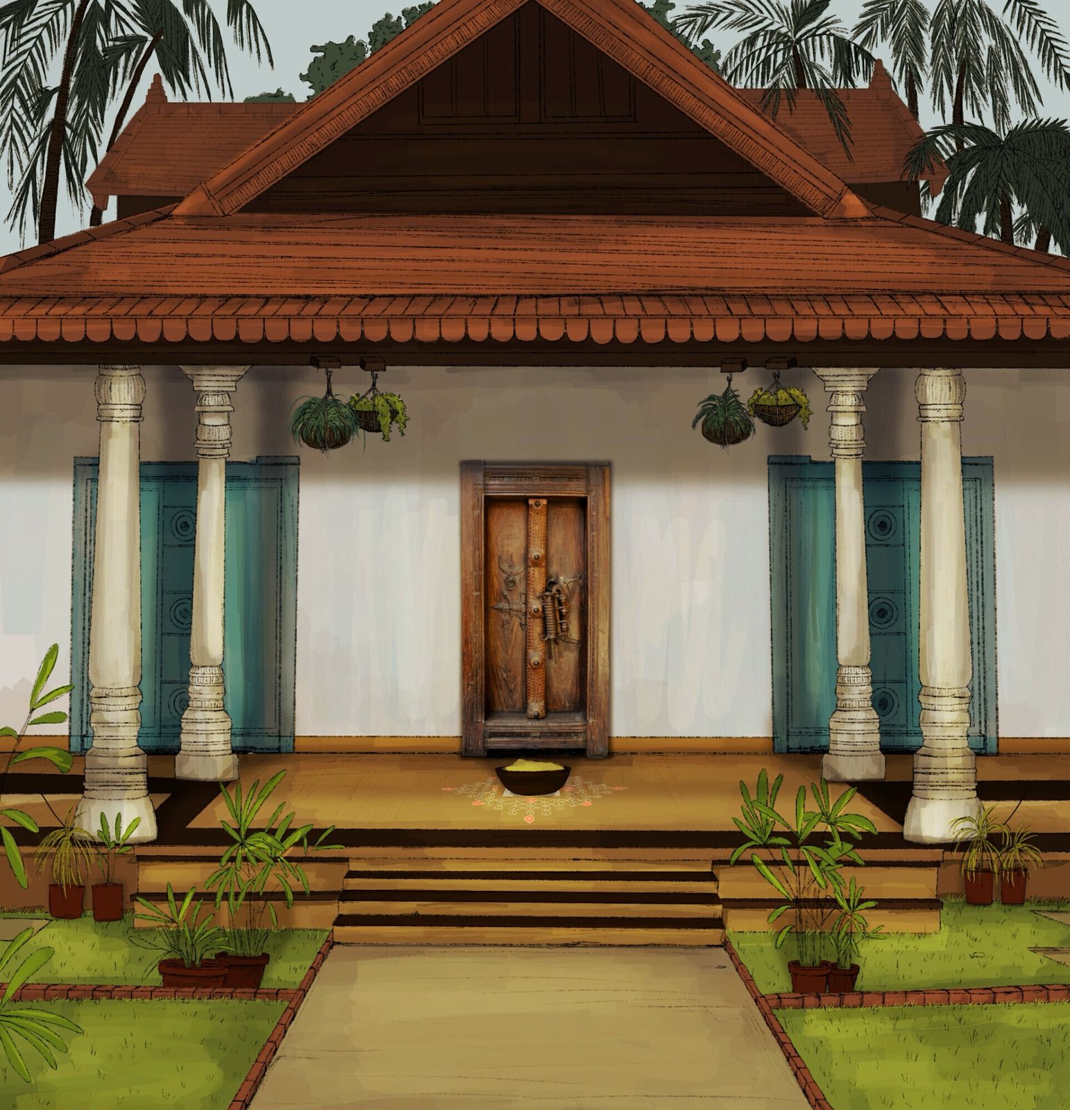 Antique 17th Century South Indian Door With Manichitrathazhu Lock – Hand Carved Sheesham Wood Entryway With Frame & Original Iron Fittings photo for sale
