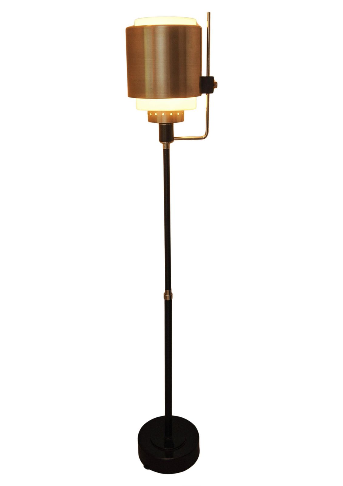 An Innovative Designed Brushed Aluminium & Steel Floor Lamp With A Cylindrical Milk Glass Shade. Perfect For A Lounge Or Office Setting photo vintage