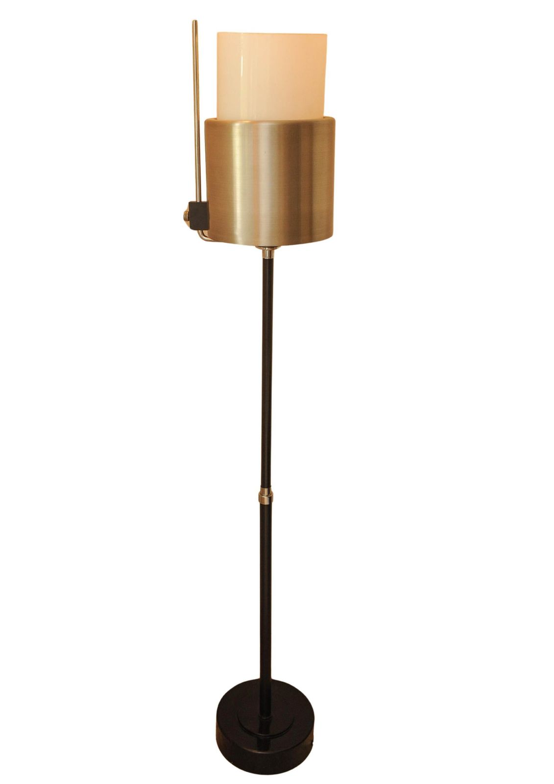 photo furniture An Innovative Designed Brushed Aluminium & Steel Floor Lamp With A Cylindrical Milk Glass Shade. Perfect For A Lounge Or Office Setting
