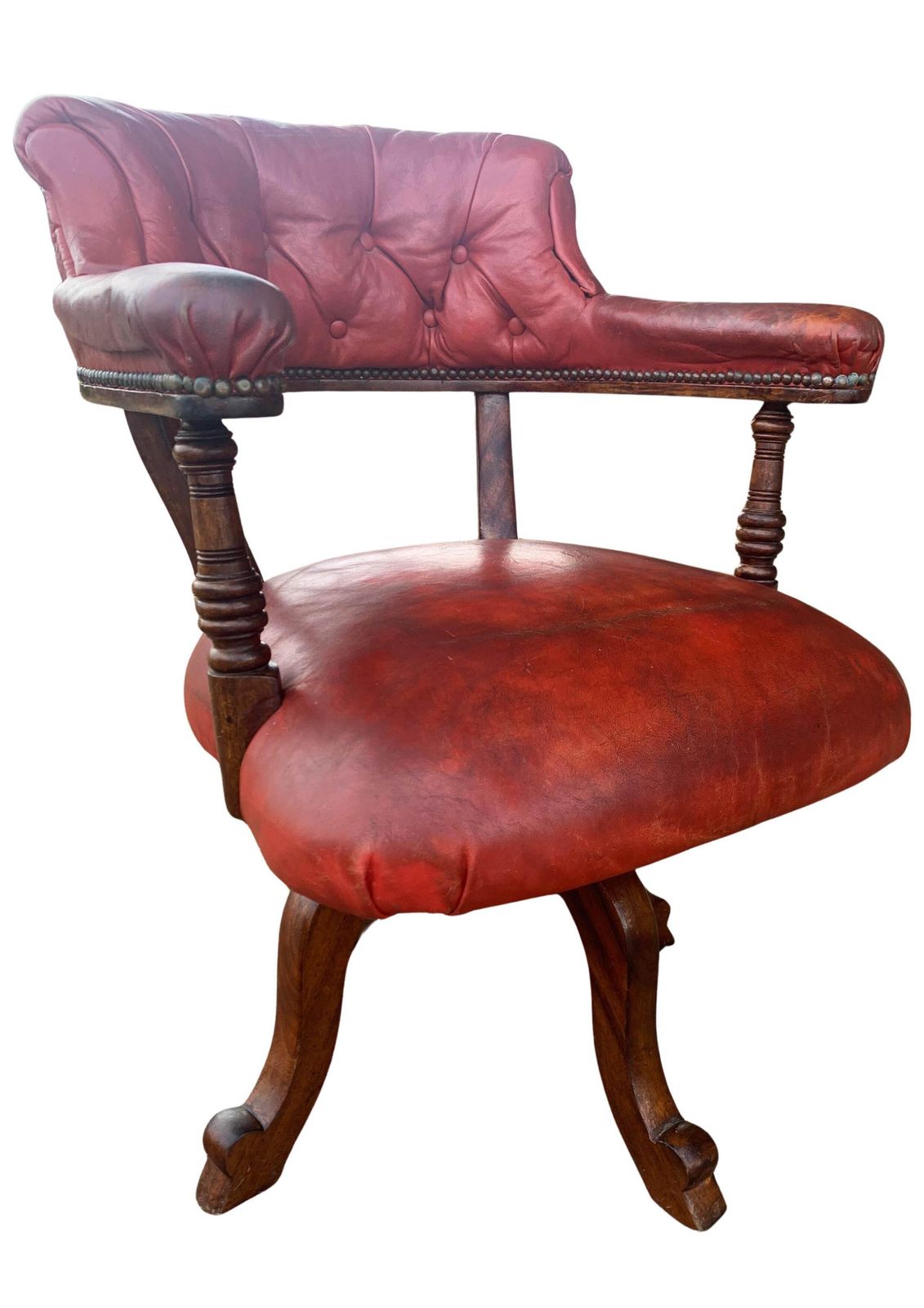 photo furniture Victorian Mahogany & Red Leather Ecclesiastical Button Back Revolving Desk Chair With Stud Detailing & Iron Swivel Base