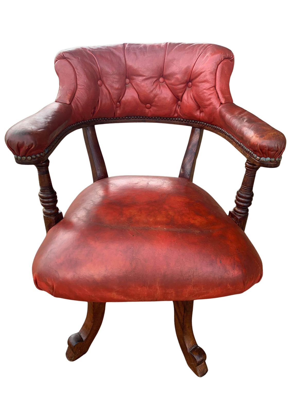 Victorian Mahogany & Red Leather Ecclesiastical Button Back Revolving Desk Chair With Stud Detailing & Iron Swivel Base photo Furniture
