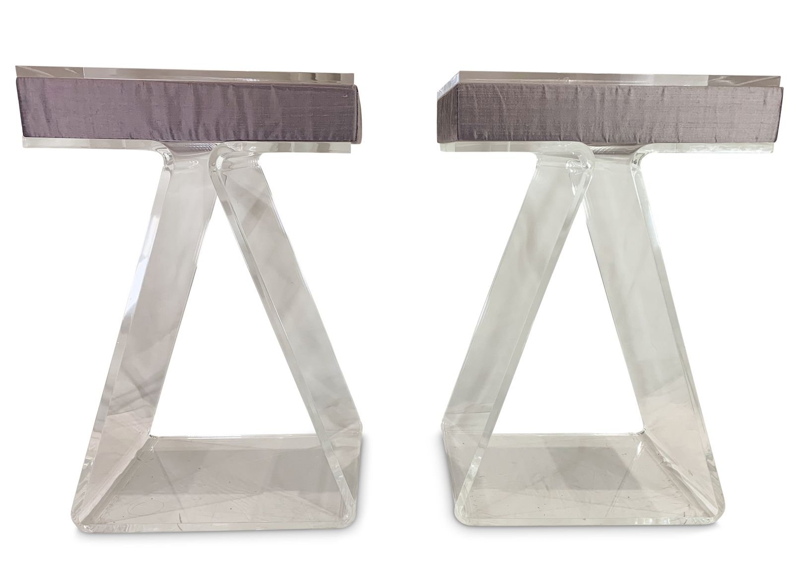 A Bespoke Pair Of Lucite Bedroom Pedestal Tables Each Fitted With A Shot Silk Purple Interior   In The Style Of The Lucite Z Table By John Mascheroni photo for sale