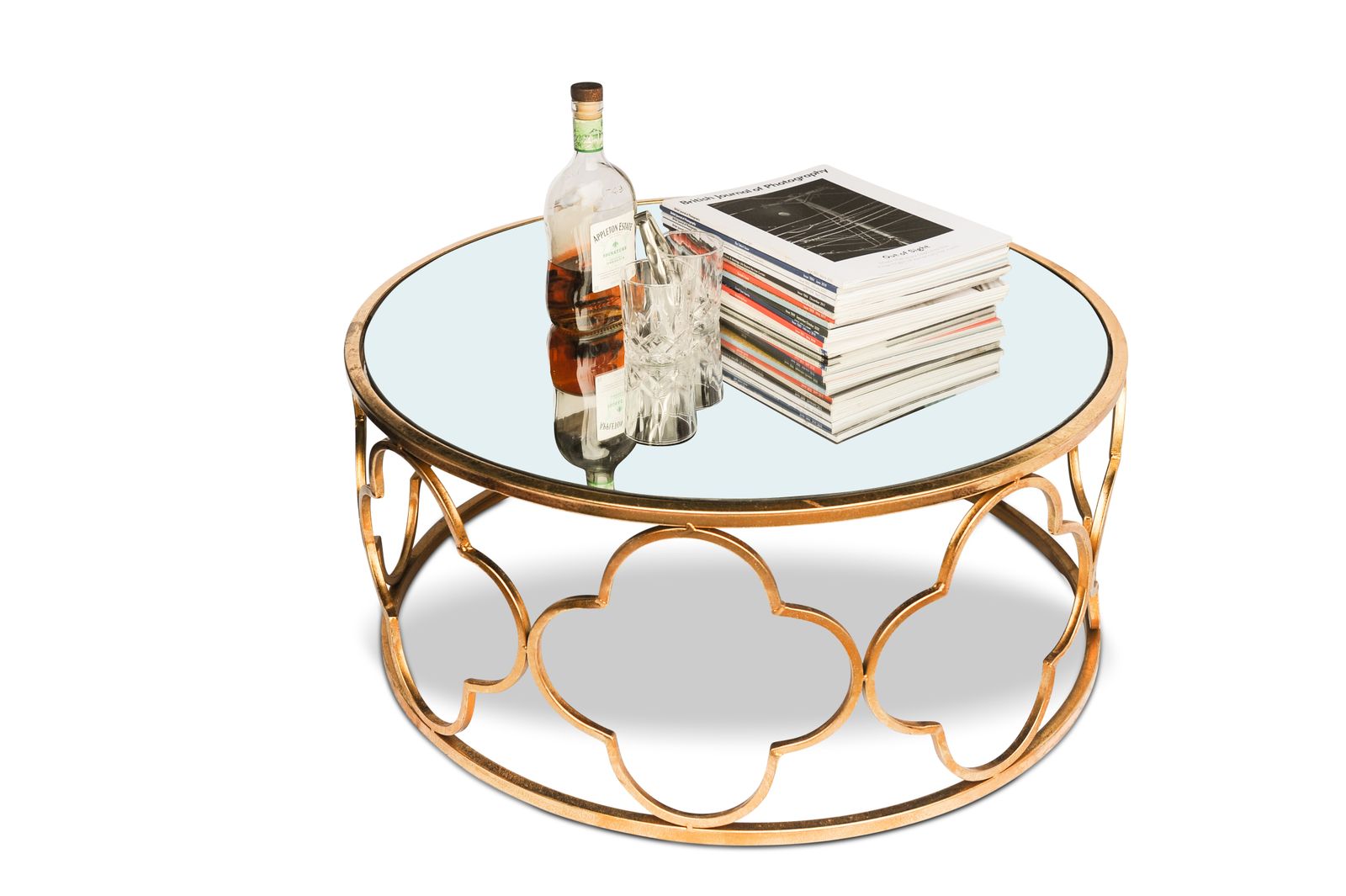 A Hollywood Regency Alhambra Design Gilt Metal & Mirrored Circular Cocktail Table