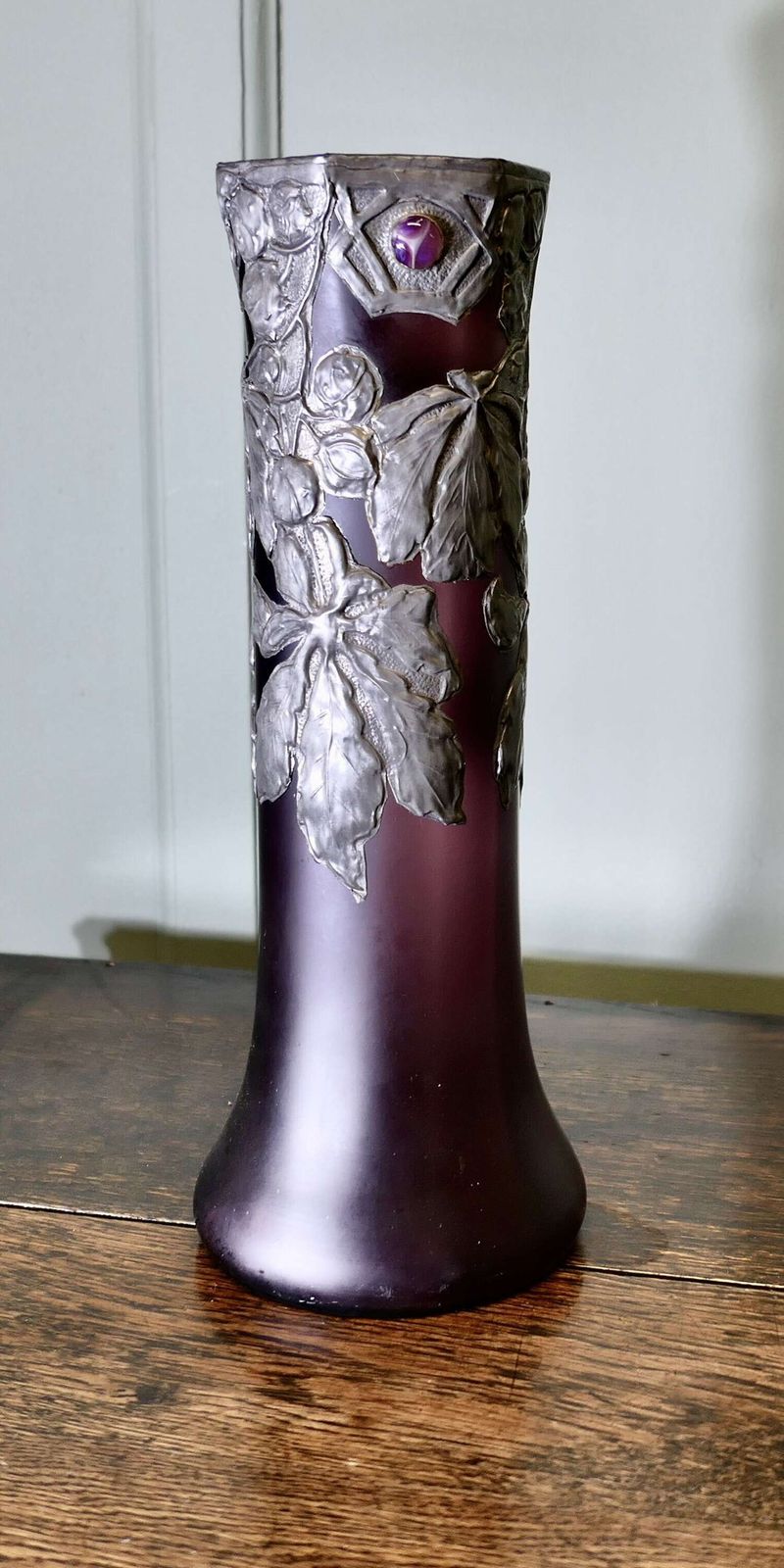 French Art Nouveau Amethyst Vase With Pewter Overlay photo for sale