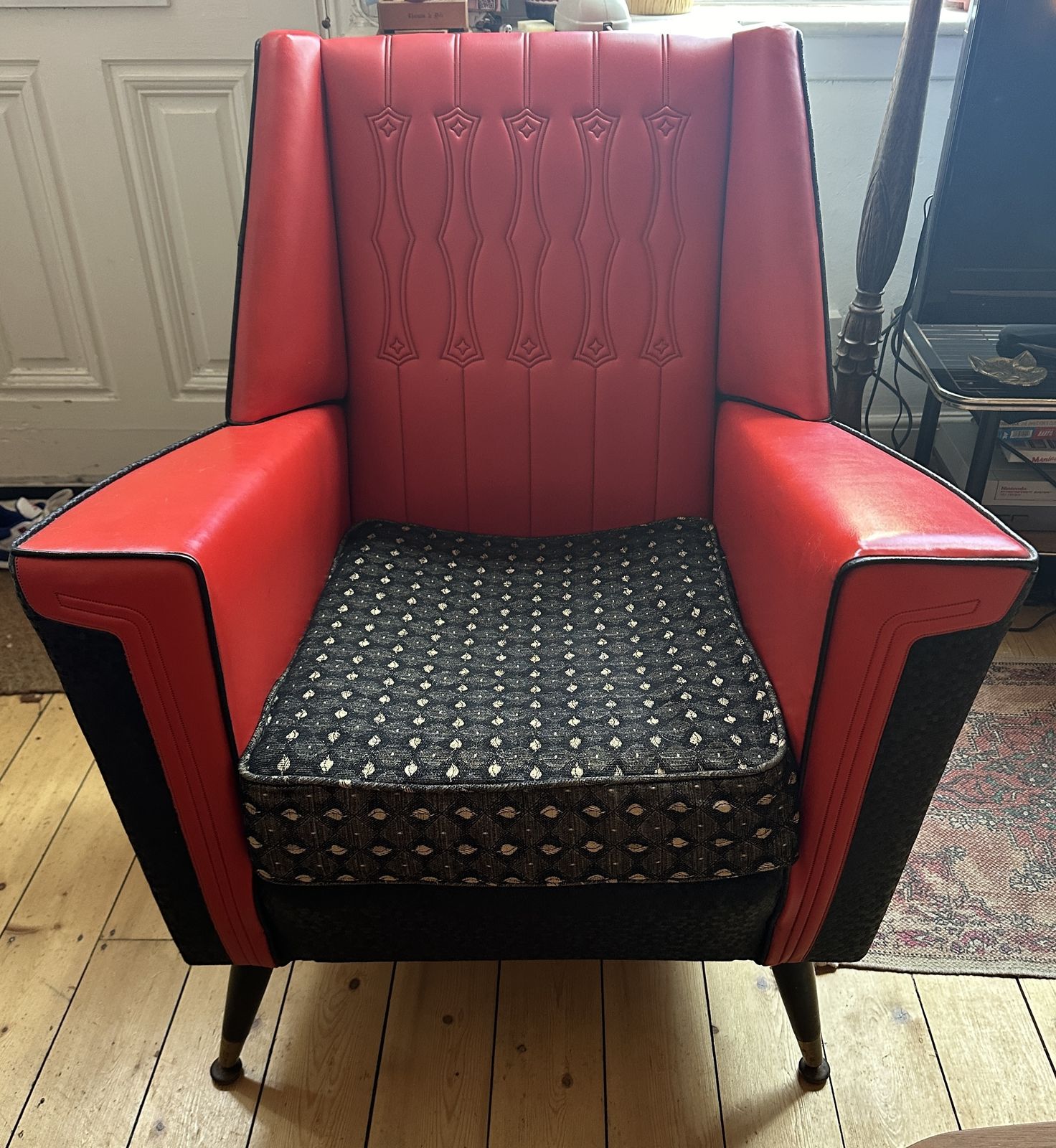Vintage Mid Century Red & Black Vinyl Sofa & 2 Chairs 3 Piece Suite 1960s Mcm photo Furniture
