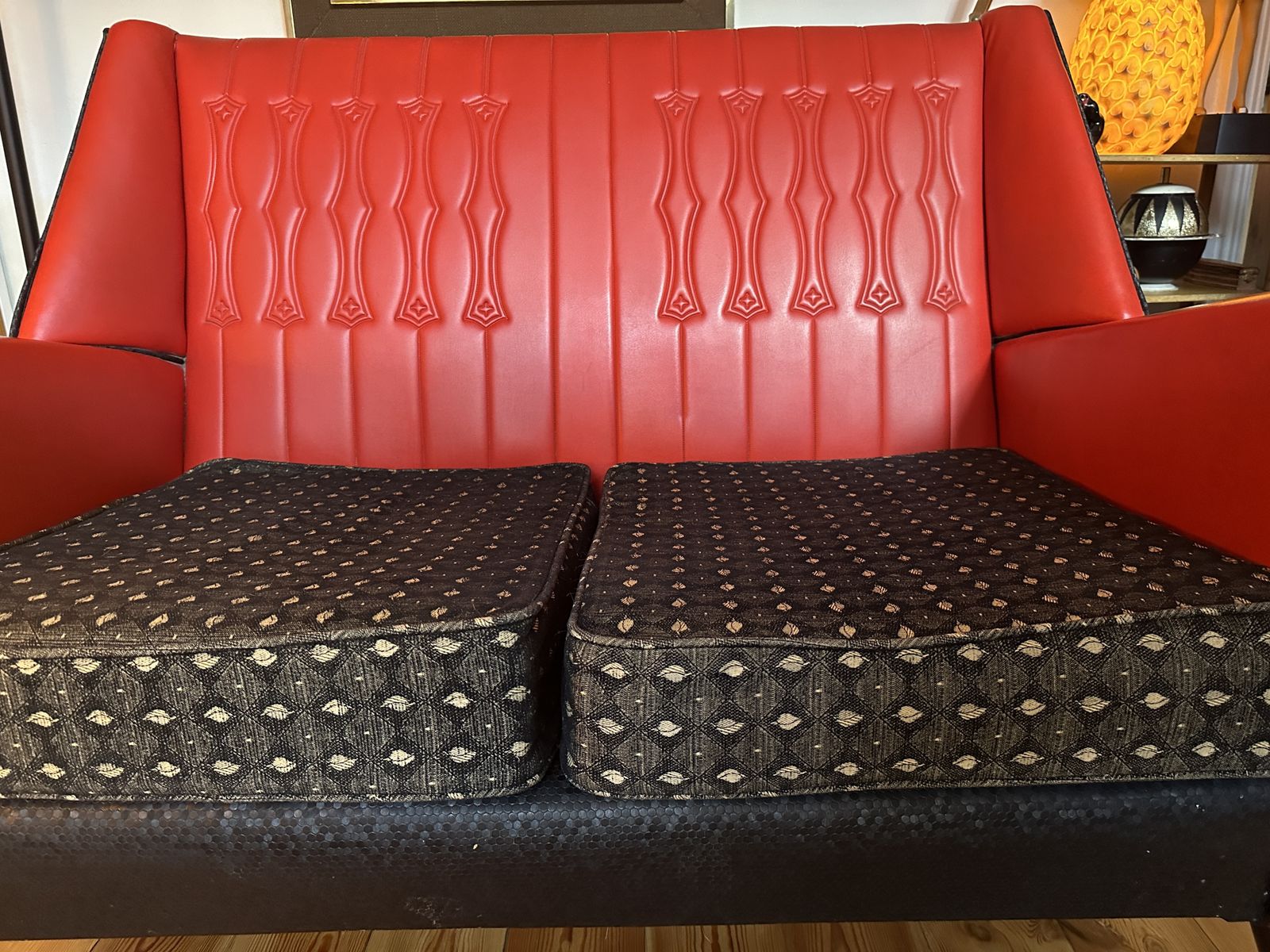Vintage Mid Century Red & Black Vinyl Sofa & 2 Chairs 3 Piece Suite 1960s Mcm photo vinterior