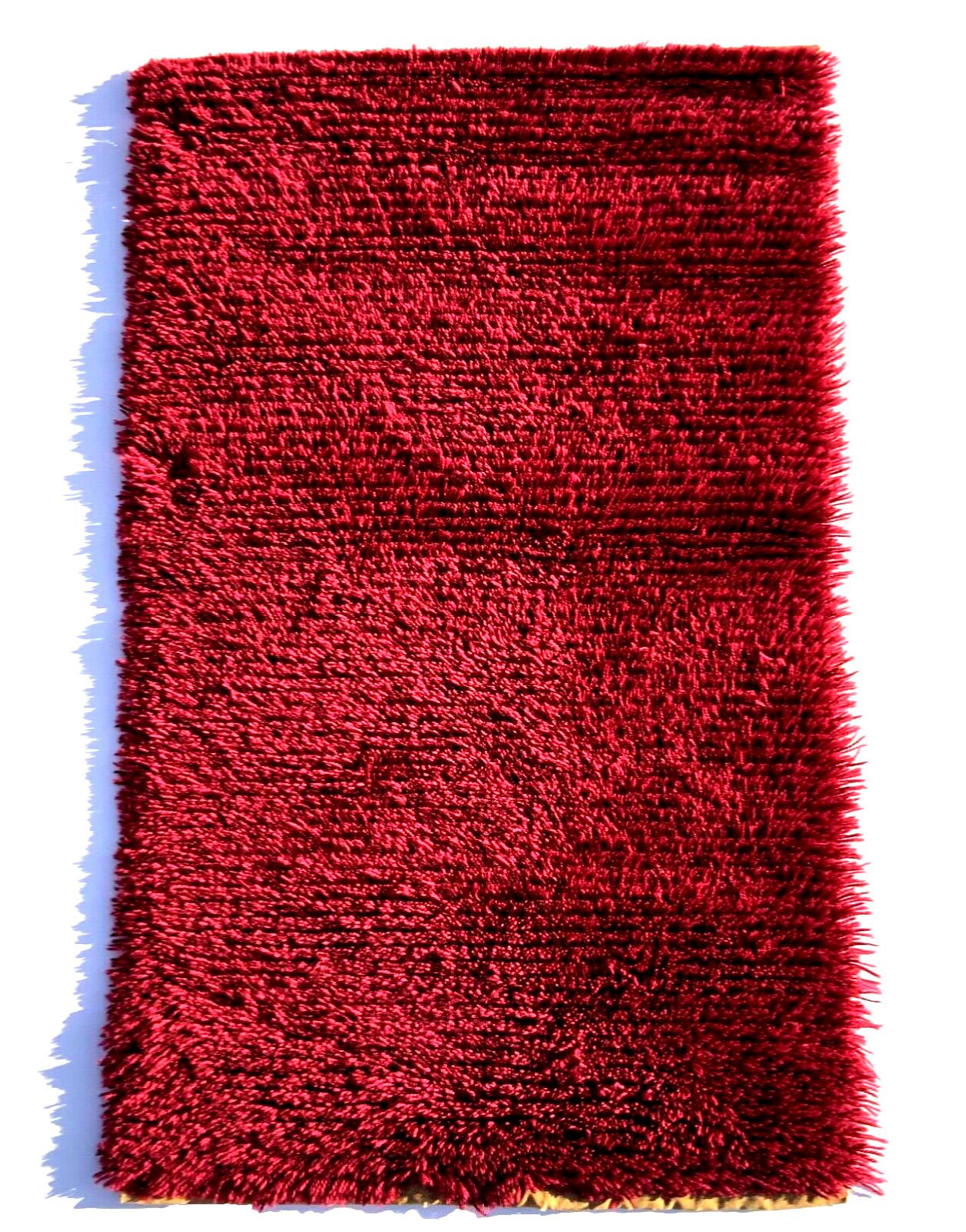 Vintage Red Wool Rya Rug Woven Handmade Vintage Scandinavian Design 1970s