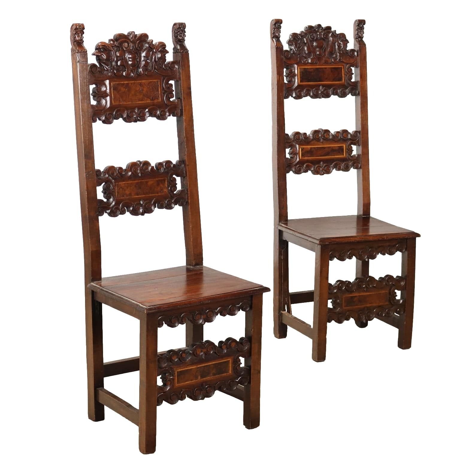 Pair Of Baroque High Chairs Walnut Italy XVIII Century