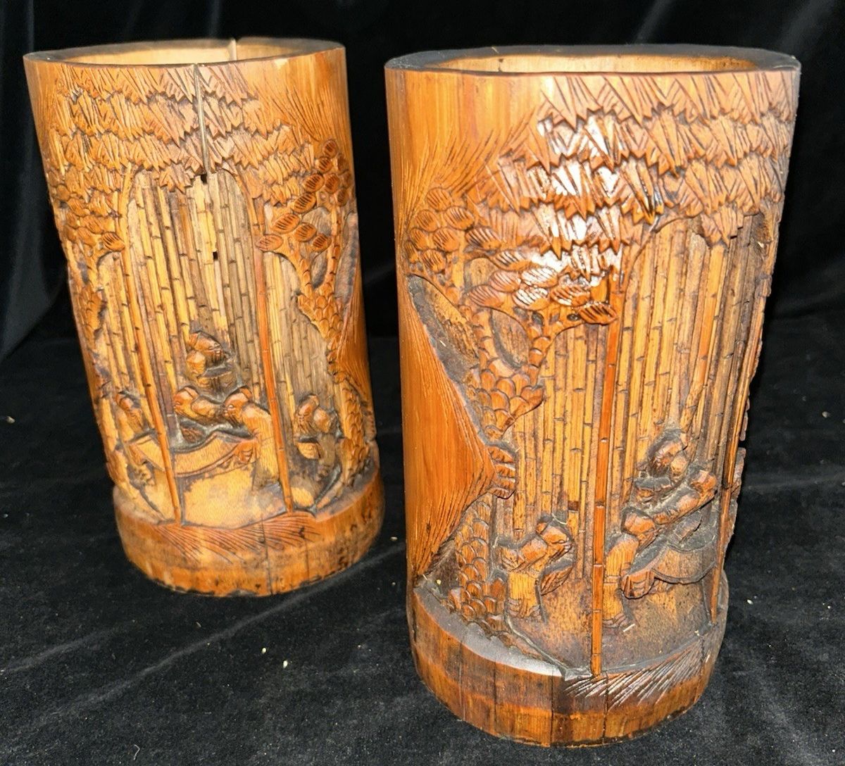 A Pair Large  Antique Carved Bamboo Chinese Brush Pots