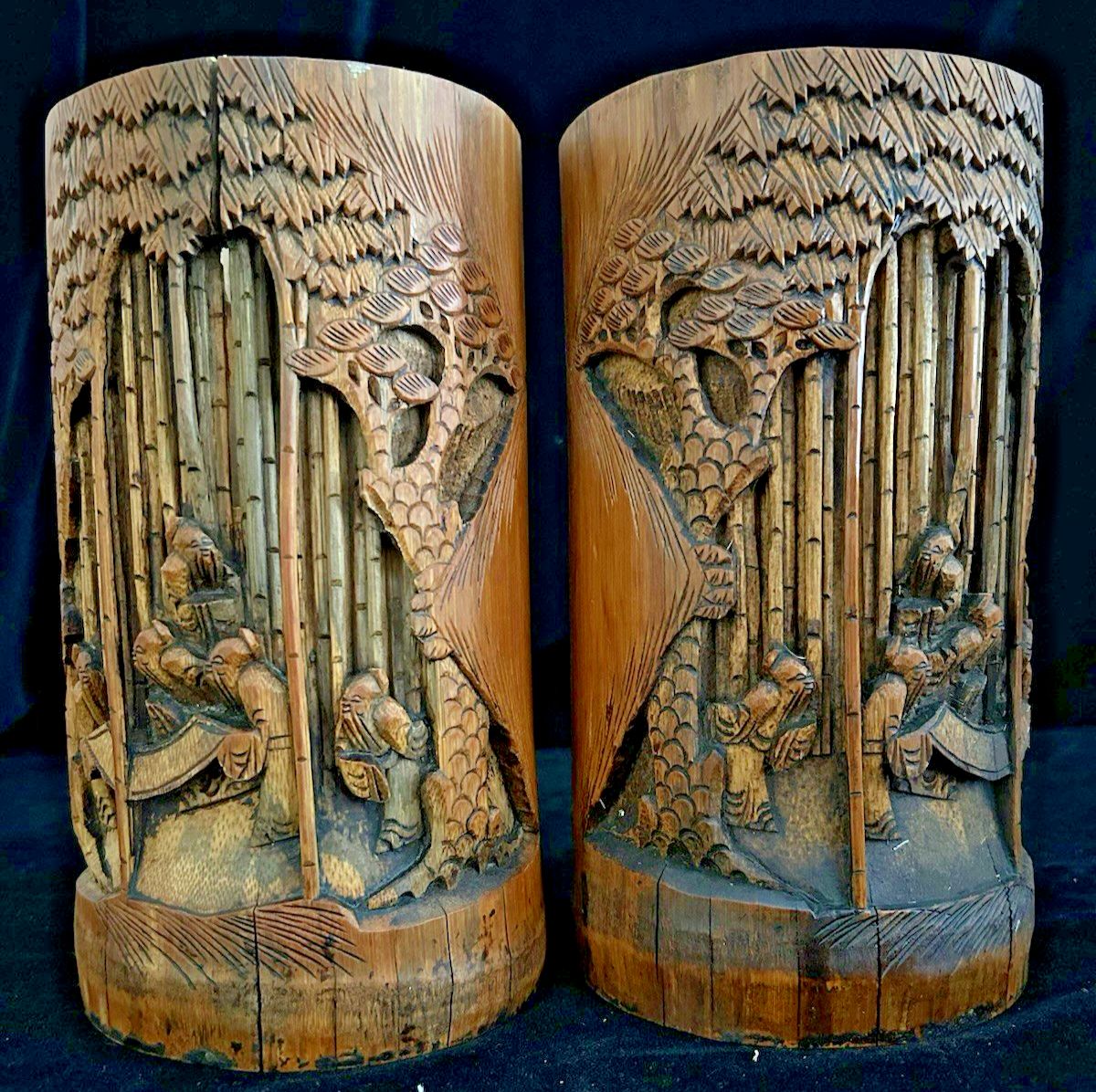 A Pair Large  Antique Carved Bamboo Chinese Brush Pots photo furniture
