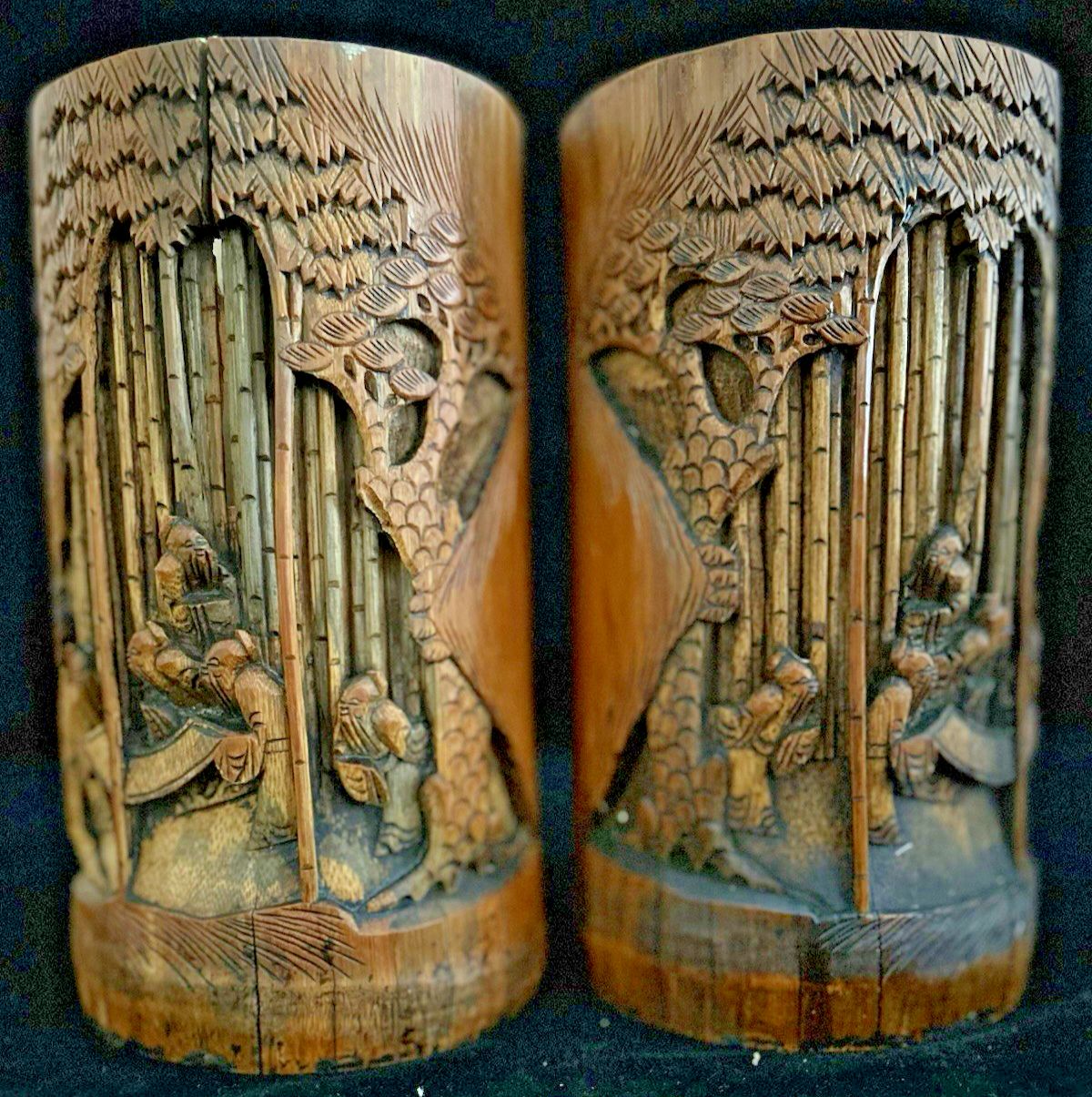A Pair Large  Antique Carved Bamboo Chinese Brush Pots photo for sale