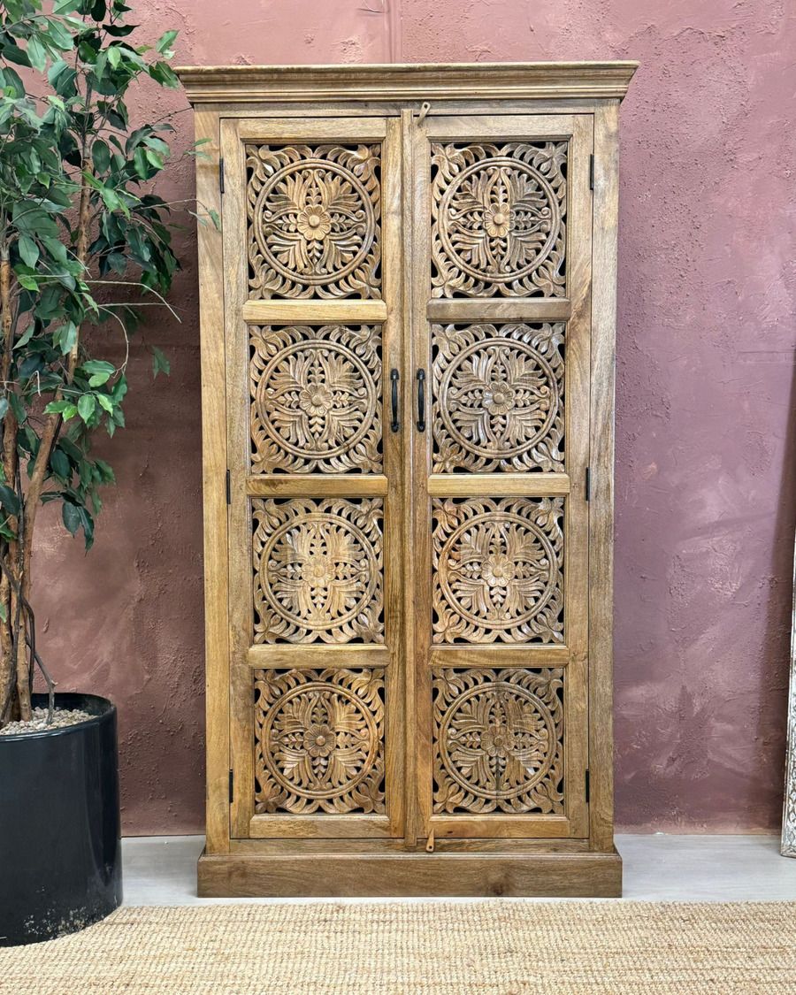 Hand Carved Mango Wood Armoire With Circular Floral Design – Natural Finish