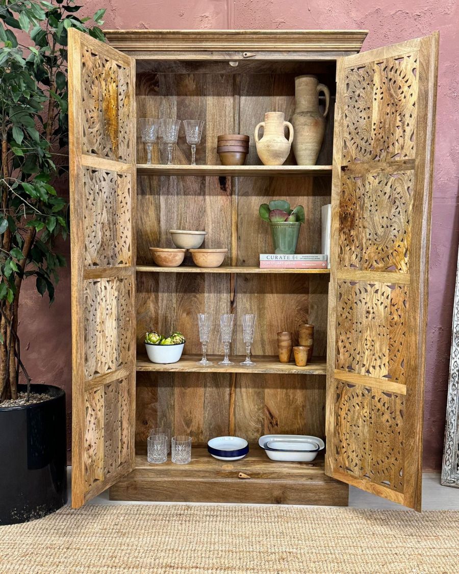 Hand Carved Mango Wood Armoire With Circular Floral Design – Natural Finish photo for sale