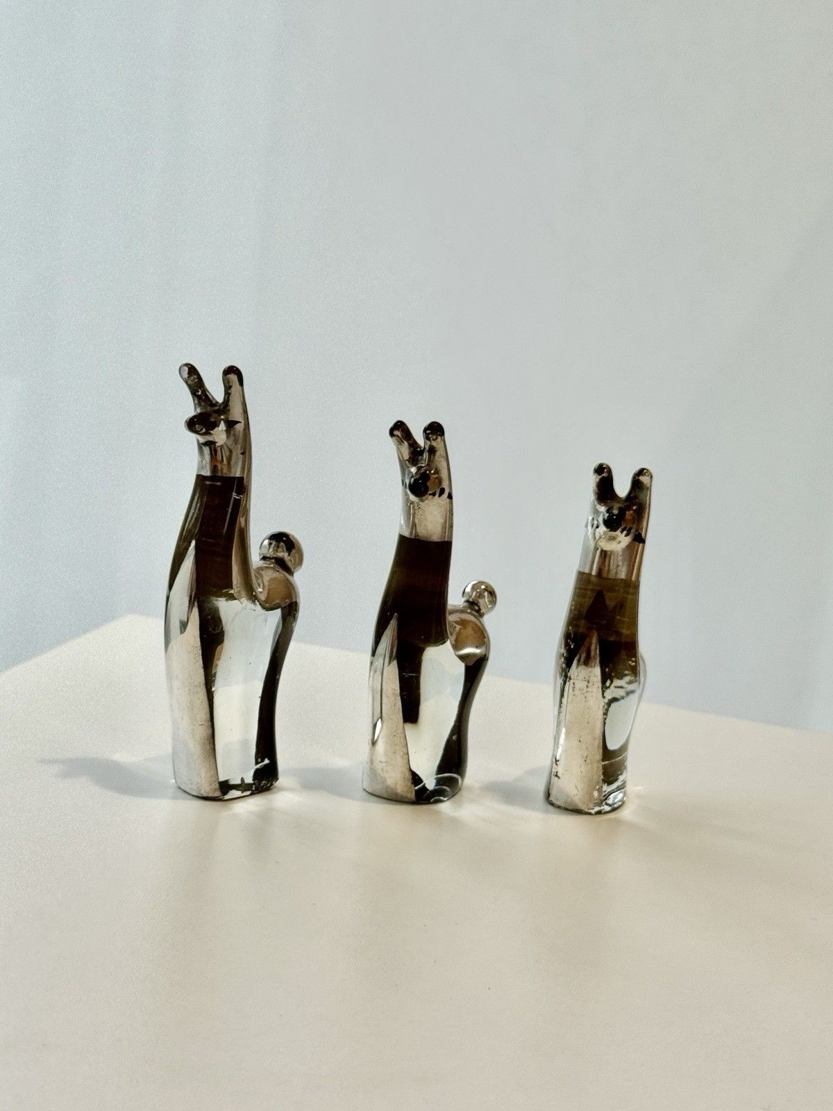 60.0 Set Of 3 Seclen Artesanos Peru Art Blown Glass Llama Figurines W/ Silver Overlay photo
