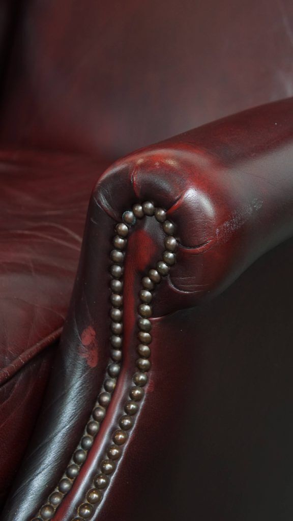 photo buy Set Of 2 Beautiful And Comfortable Burgundy Red Cowhide Wing Chairs In English Style With A Beautiful Patina