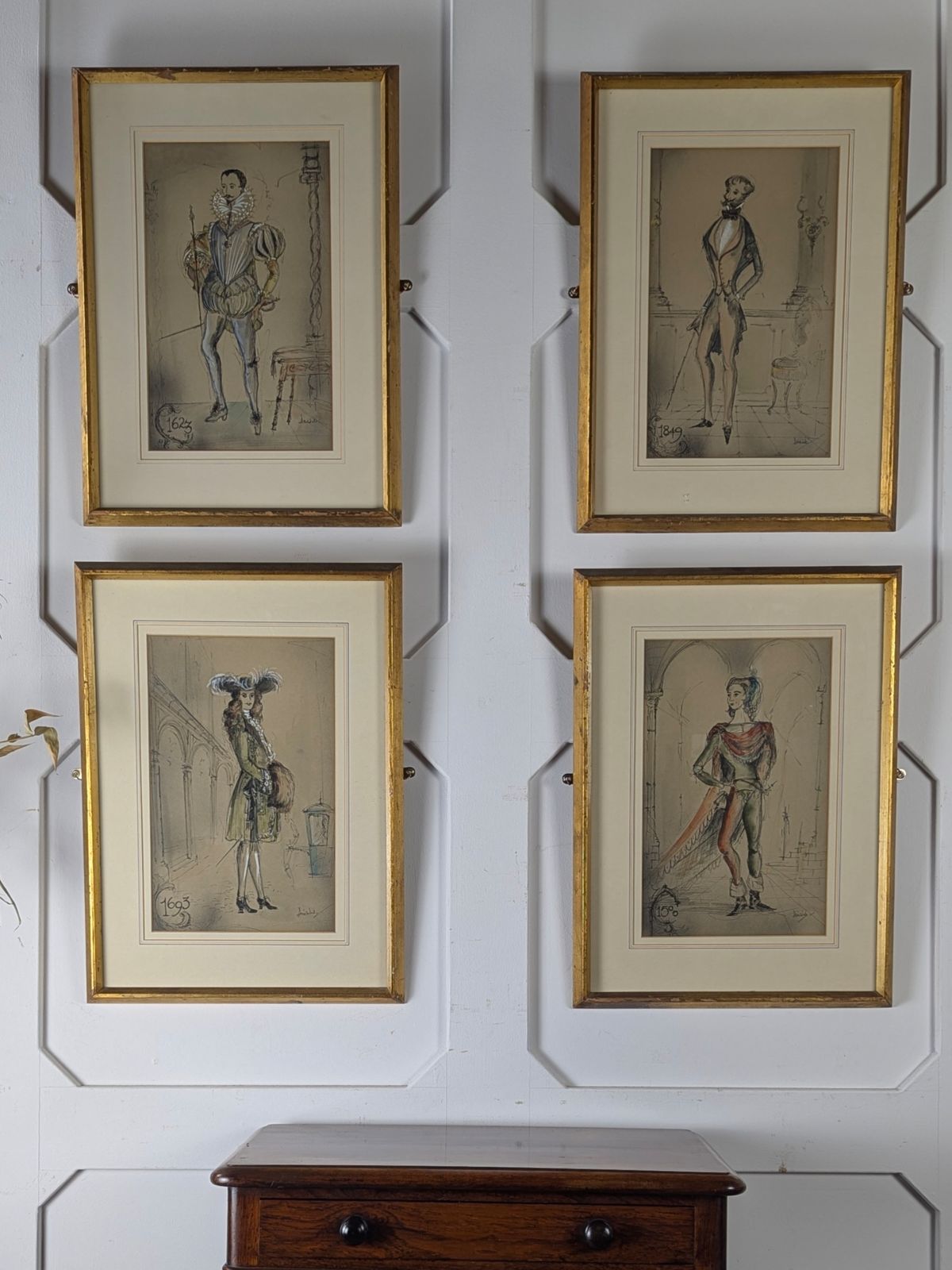 Set Of Four Pen And Watercolour Costume Sketches