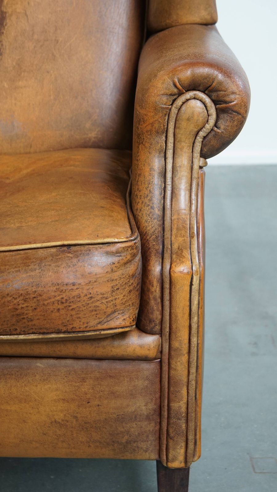 photo for sale Wonderful, Characterful Vintage Sheepskin Wing Chair With A Beautiful Patina
