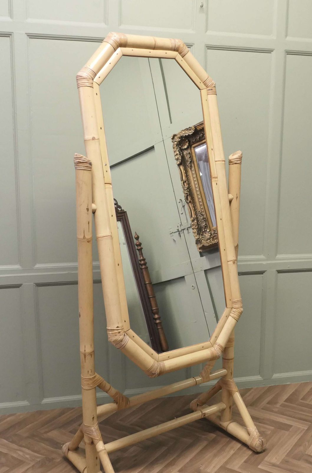 Art Deco Giant Bamboo Cheval Mirror This Is A Very Attractive Piece, The Tall Mirror Is F photo for sale