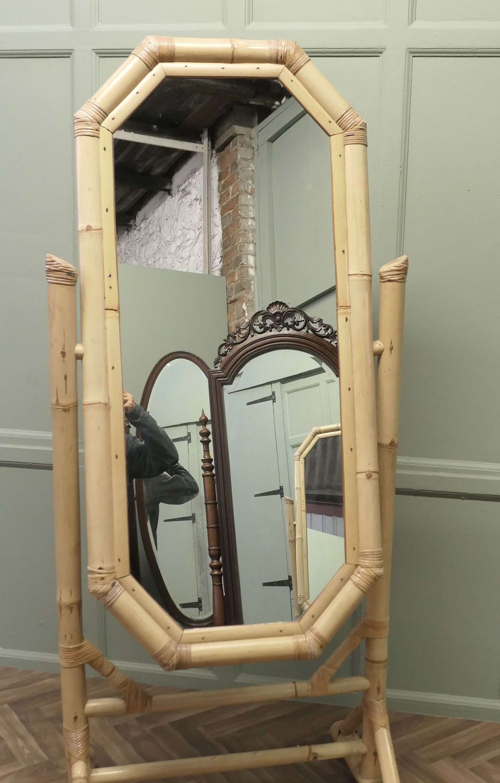 Art Deco Giant Bamboo Cheval Mirror This Is A Very Attractive Piece, The Tall Mirror Is F photo 1800.0