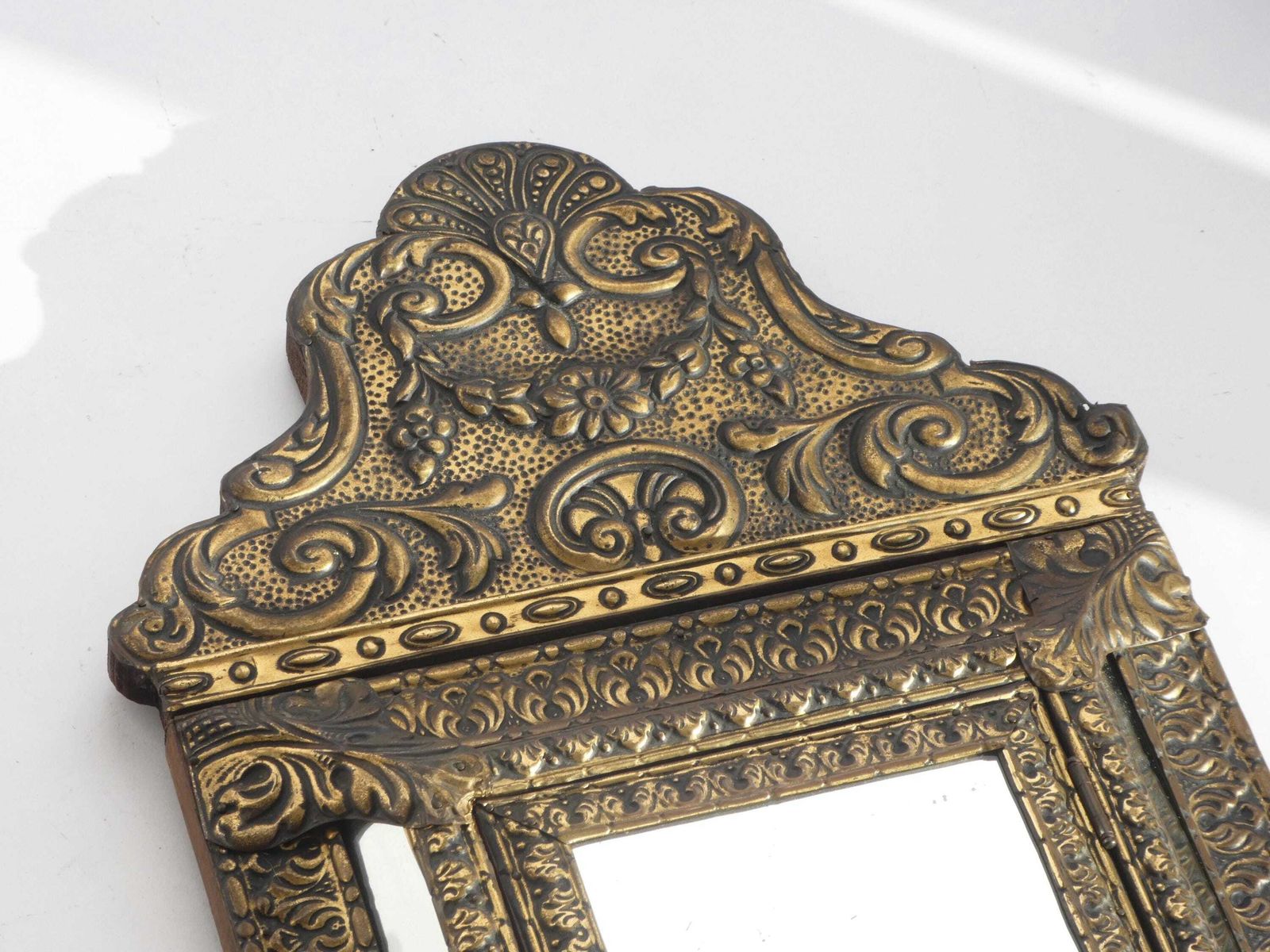 Antique Dutch Brass Wall Cabinet With Mirrors, Small Ornate Repousse Cabinet, Wall Hanging photo 248.0
