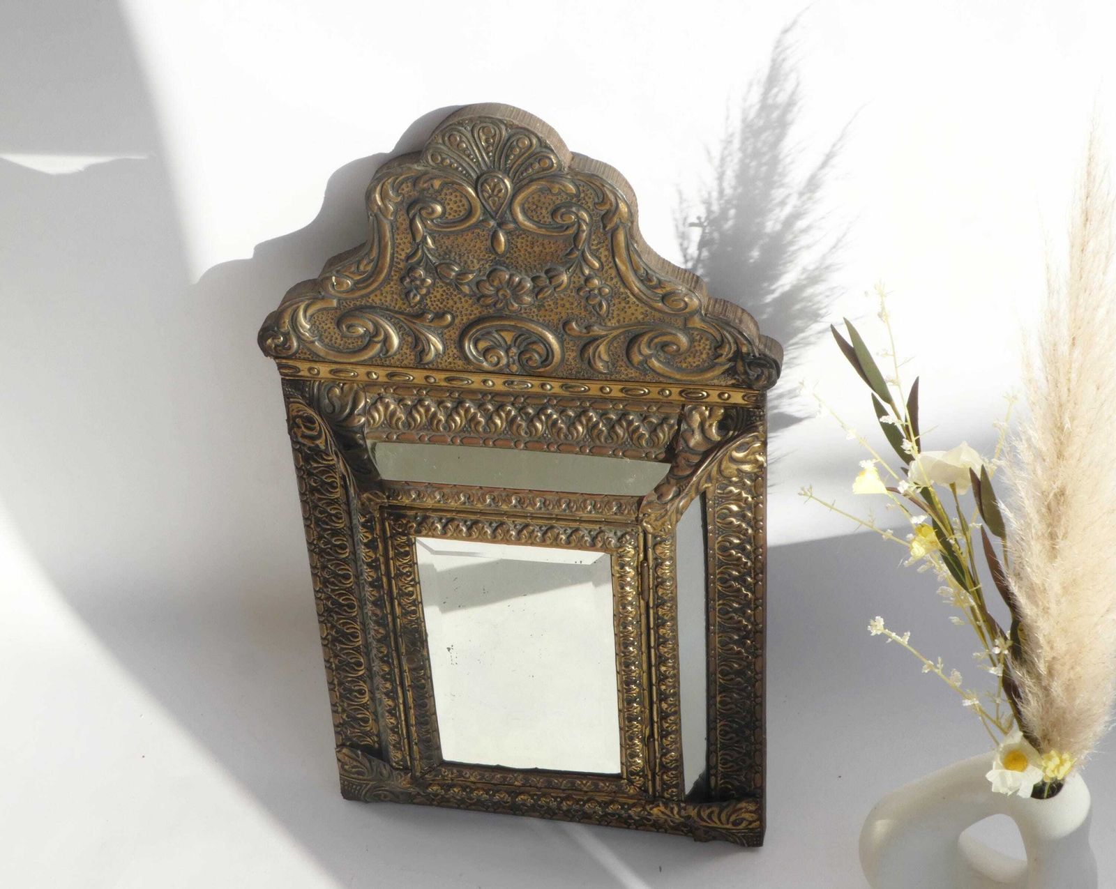 Antique Dutch Brass Wall Cabinet With Mirrors, Small Ornate Repousse Cabinet, Wall Hanging photo vinterior