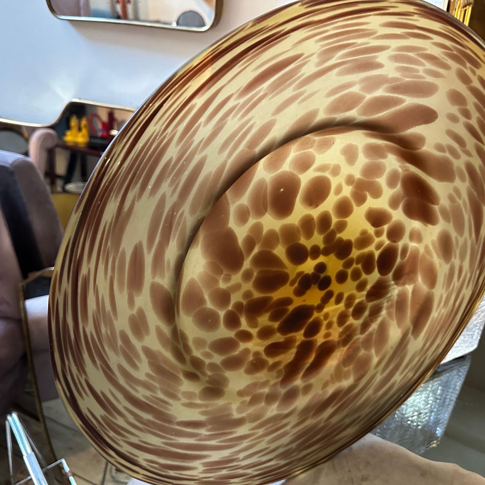 photo for sale 1970s Modern Faux Tortoise Shell Glass Italian Round Centerpiece