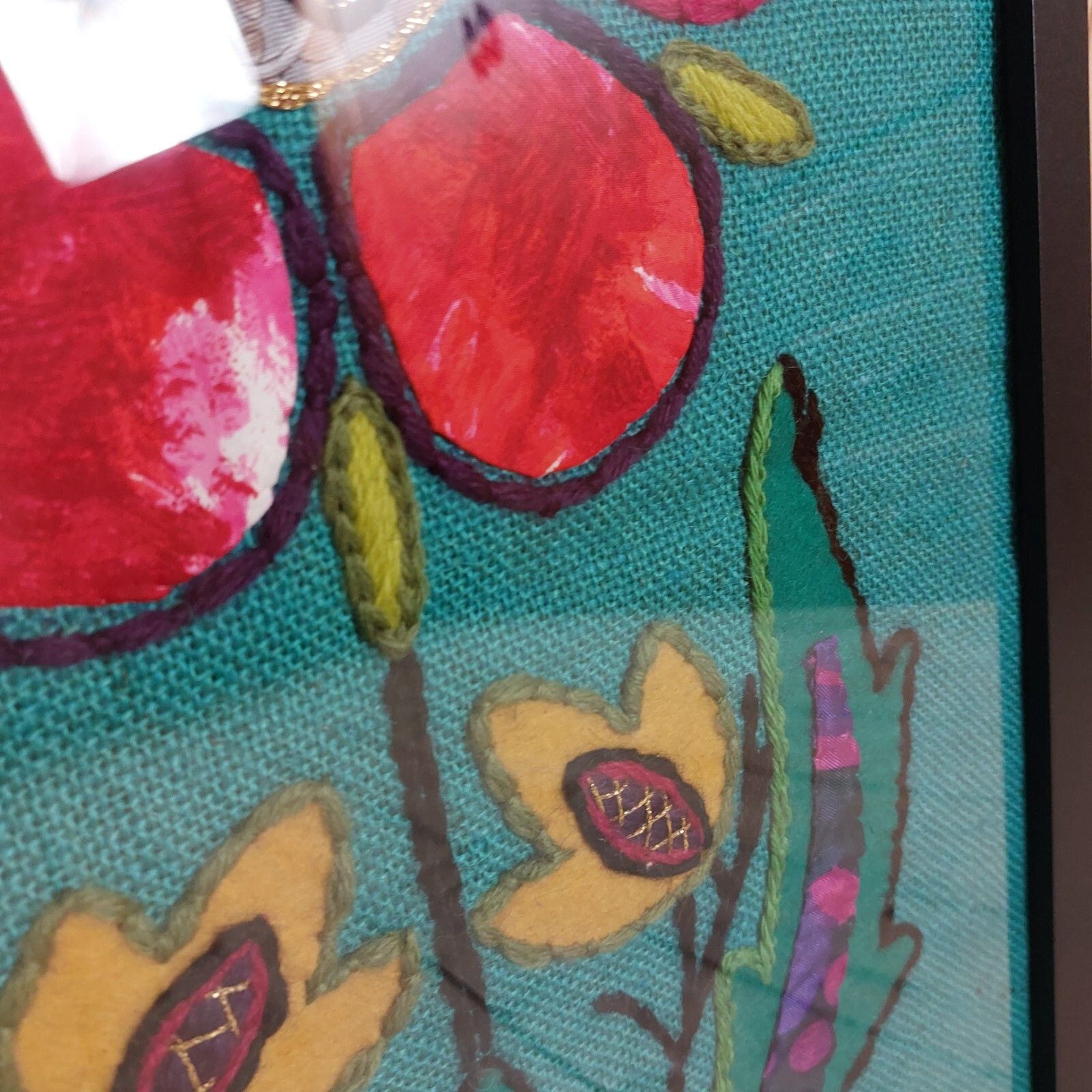 Fab Vintage Retro 60s 70s Embroidery Stitch Sewn Red Flower Wall Art Picture photo vintage
