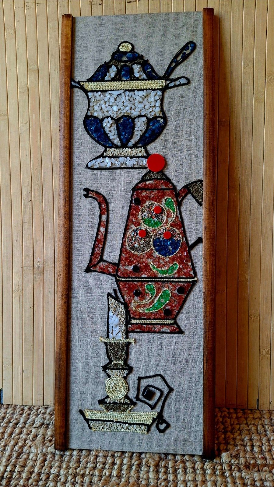 Fab Vintage 1960s Mid Century Kitsch Coffee Pot Mosaic Gravel Art Wall Hanging