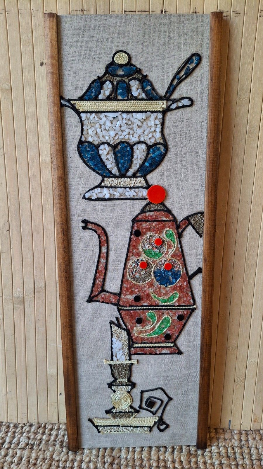 Fab Vintage 1960s Mid Century Kitsch Coffee Pot Mosaic Gravel Art Wall Hanging photo for sale