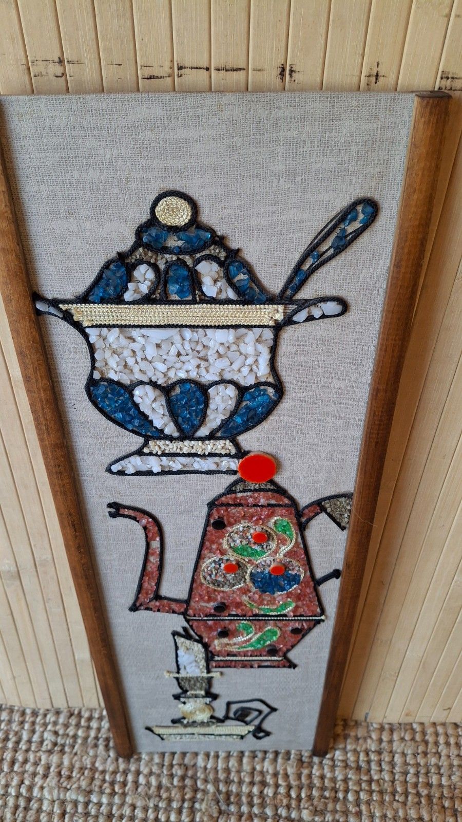 Art Fab Vintage 1960s Mid Century Kitsch Coffee Pot Mosaic Gravel Art Wall Hanging photo