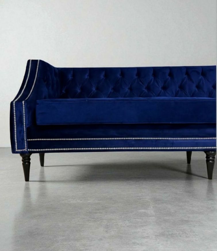 Beautiful Barely Used Large 4 Seater Sofa In Navy Blue Velvet Fabric