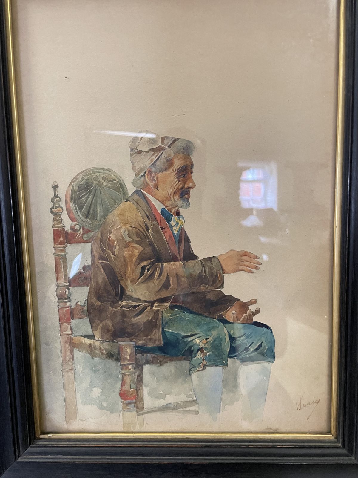 Framed Water Colour By Vincenzo Loria Depicting A Man Sat In A Chair photo Art