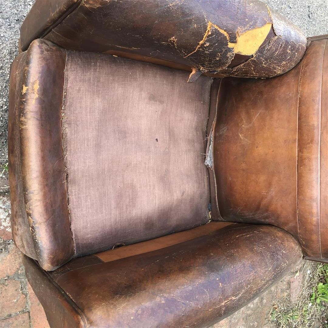 Vintage French Leather Club Armchair Some Damage 1930s photo for sale
