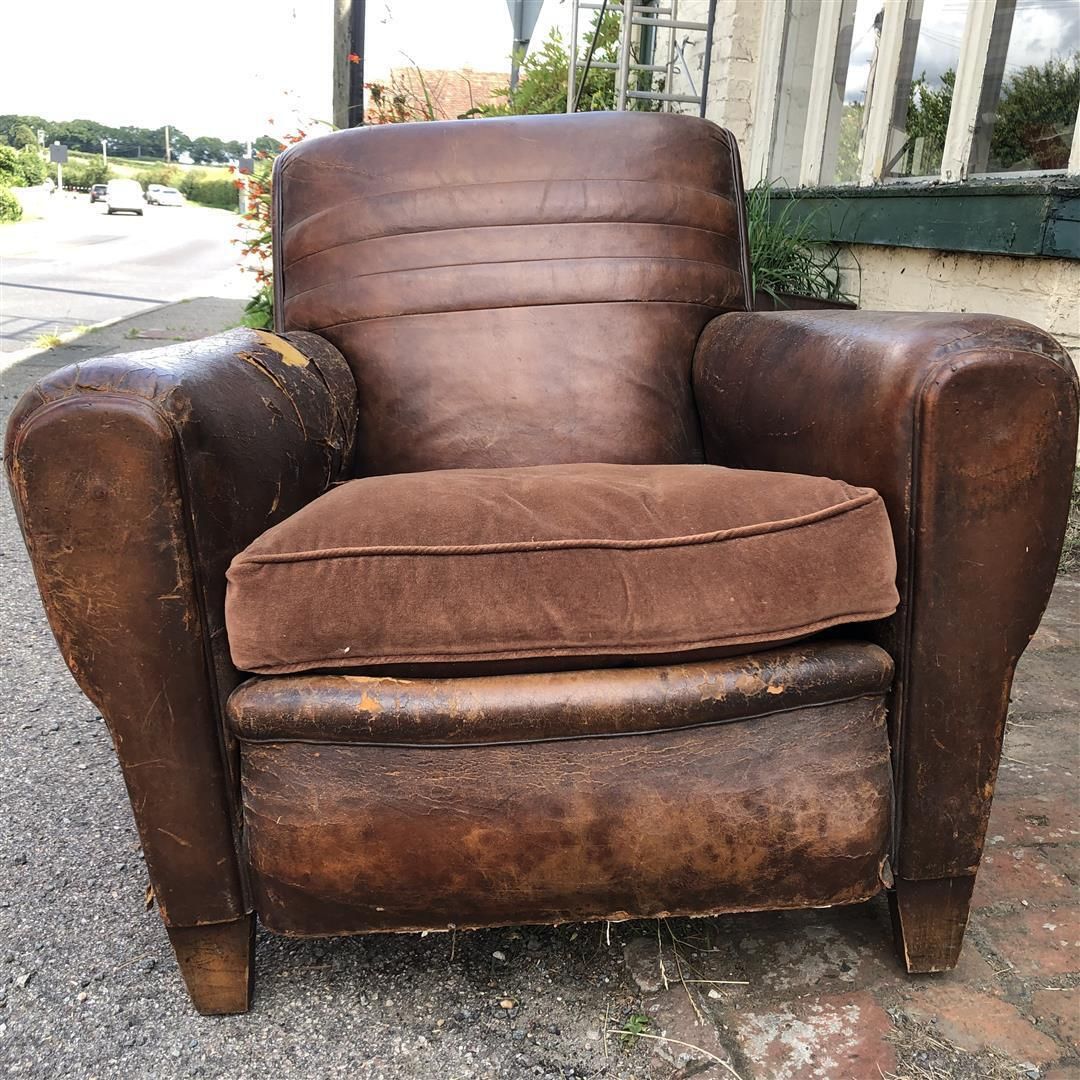 photo buy Vintage French Leather Club Armchair Some Damage 1930s