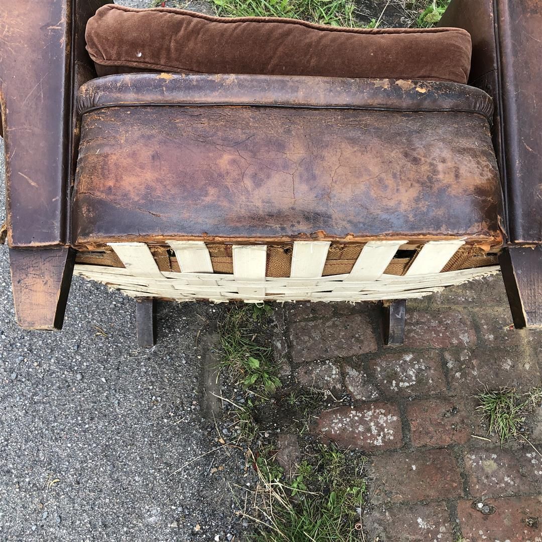 photo vintage Vintage French Leather Club Armchair Some Damage 1930s