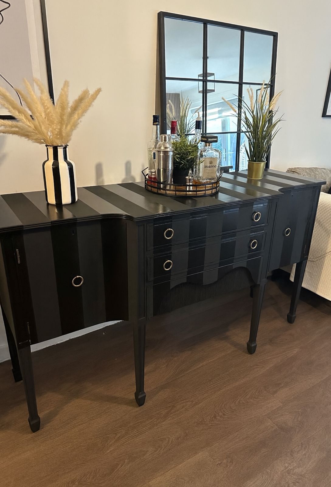 Vintage 1980’s Regency Elegant Sideboard Up Cycled In Gloss & Matt Black Stripes