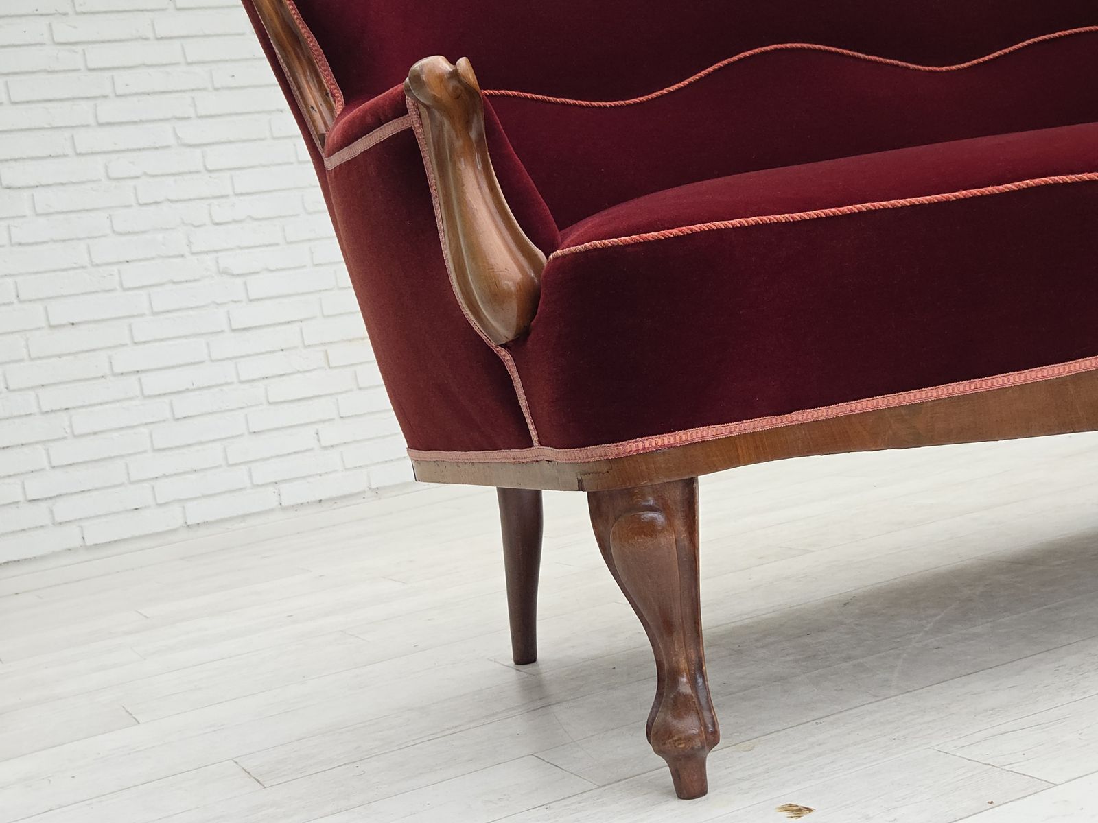1920 30s, Danish 2 Seater Sofa, Furniture Velour, Ash Wood, Reupholstered. photo furniture