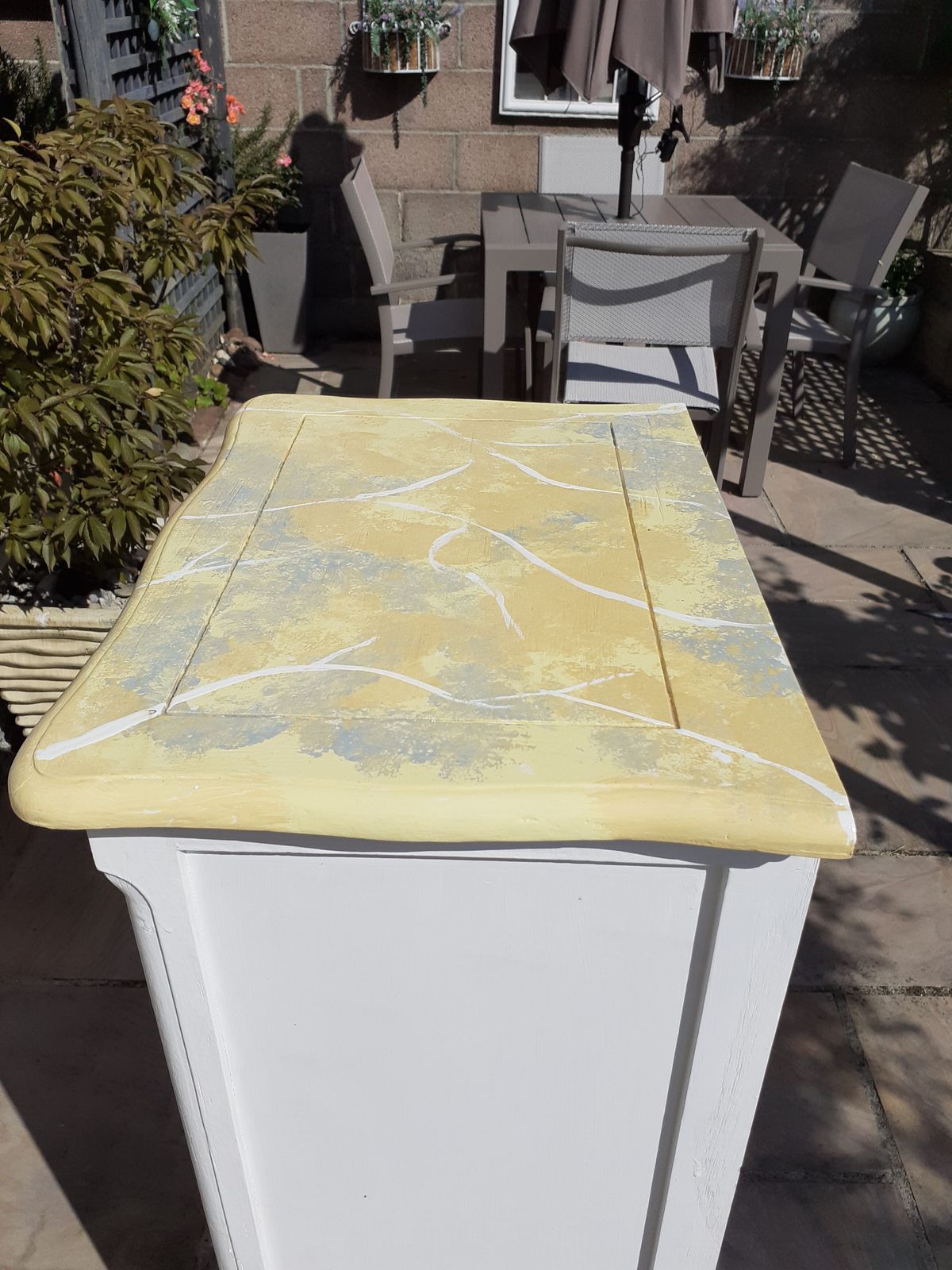 Tall Hand Painted 60's Vintage Chest Of Drawers With Nickel Cup Handles And A Faux Marble Top In Sunshine Yellow photo furniture