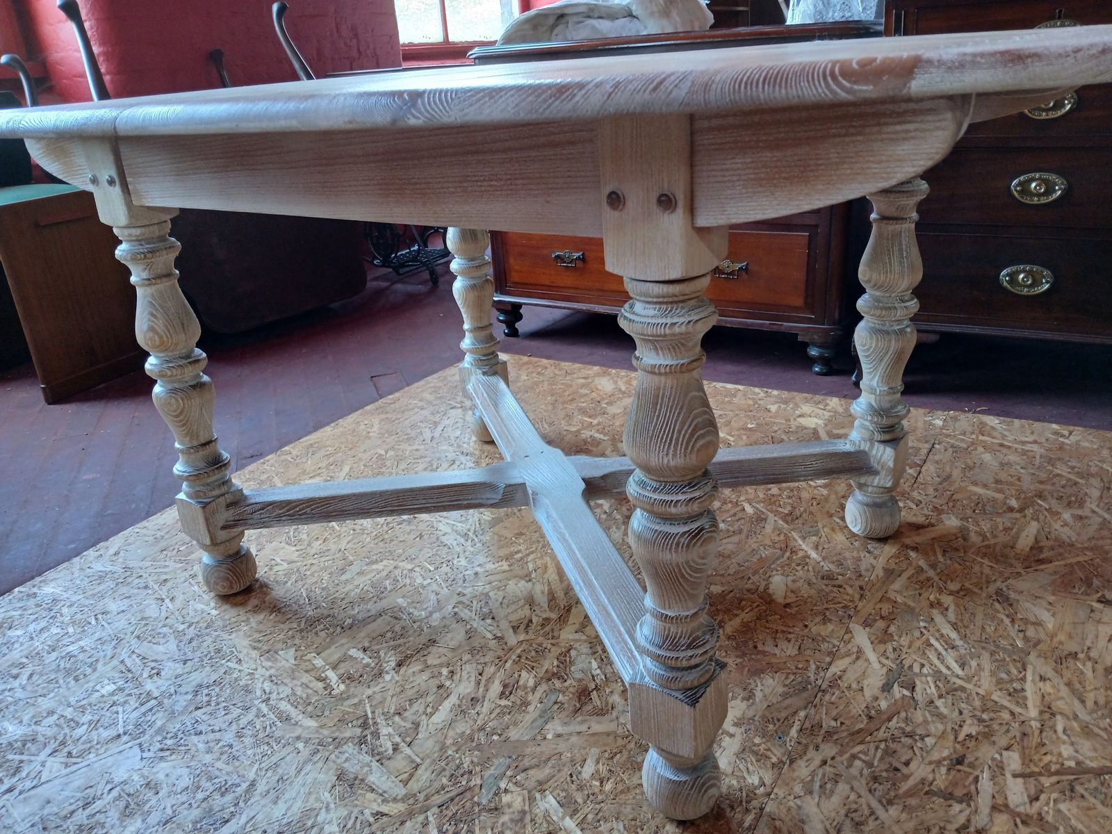 photo buy A Turned Leg Cross Stretcher Base Drawer Leaf  Cerused Elm Refectory Table, 1950s, In A Driftwood White Modernity Finish