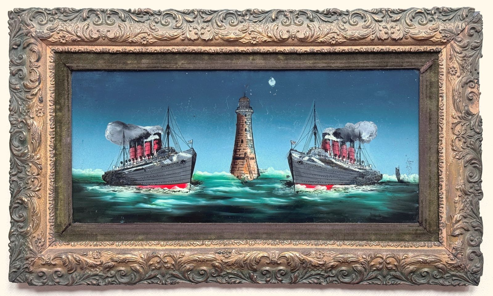 Mauretania & Lusitania Original Reverse Painting On Glass Early 20c
