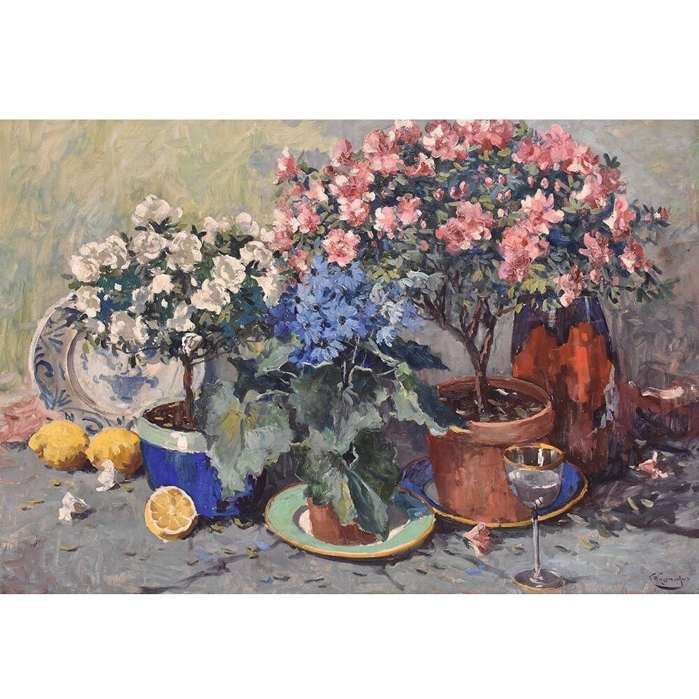 Antique Flower Painting, Still Life, Pink Roses And Azalea, Oil On Canvas, 20th Century. (Qf682) photo for sale