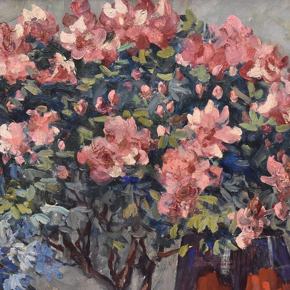 Antique Flower Painting, Still Life, Pink Roses And Azalea, Oil On Canvas, 20th Century. (Qf682) photo vinterior