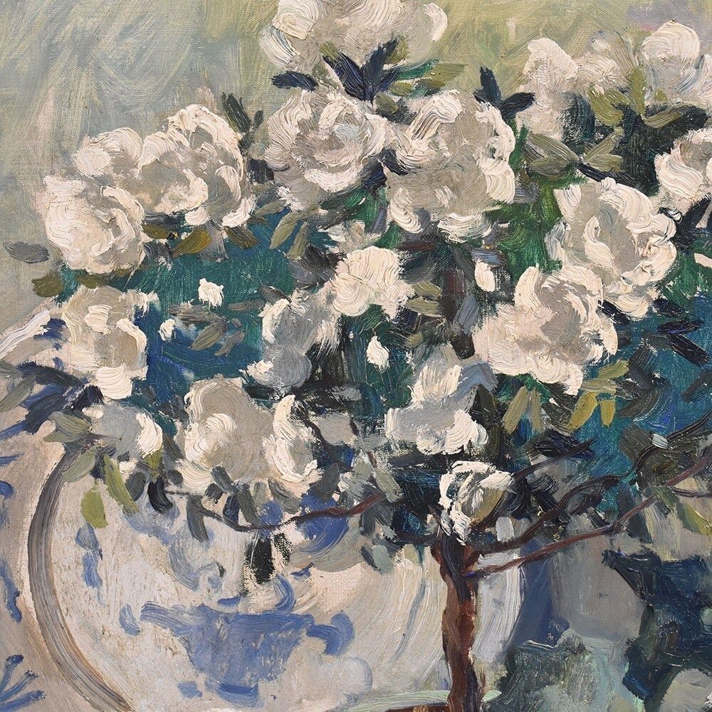 Antique Flower Painting, Still Life, Pink Roses And Azalea, Oil On Canvas, 20th Century. (Qf682) photo buy