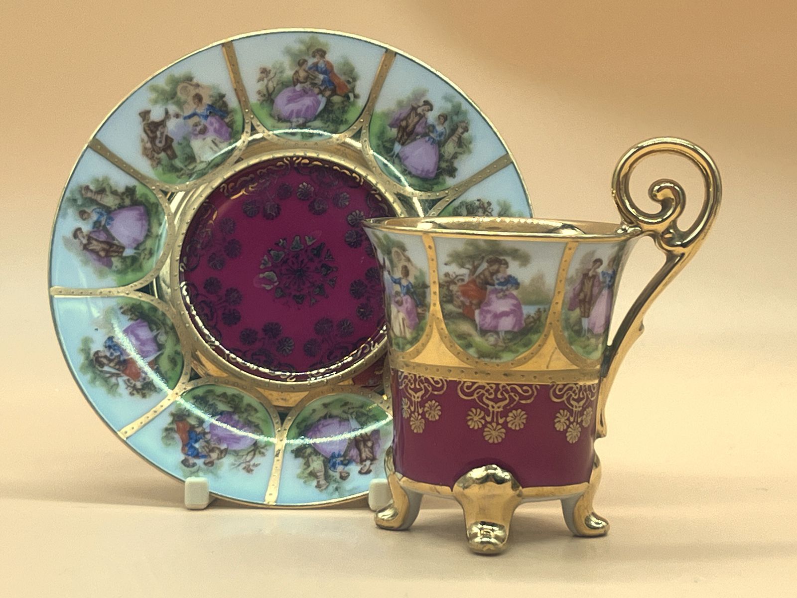 German Porcelain Fragonard, J.K. Deco Carlsbad Bavaria Old Vienna Demitasse Cup & Saucer Duo.