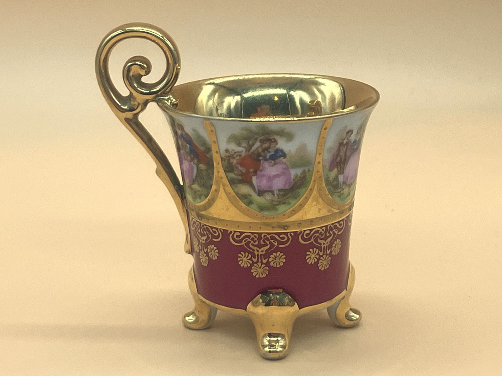 photo for sale German Porcelain Fragonard, J.K. Deco Carlsbad Bavaria Old Vienna Demitasse Cup & Saucer Duo.